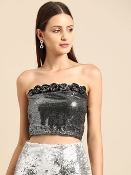 Dodo & Moa - Embellished Sequined Strapless Tube Crop Top - Black
