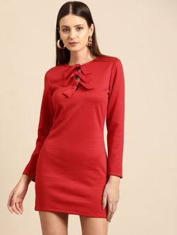 Dodo & Moa - Tie-Up Neck Scuba Sheath Mini Dress - Red
