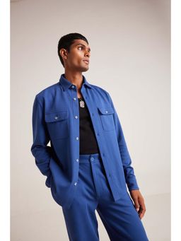Muvazo - Blue Cotton Solid/Plain Collar Neck Shirt