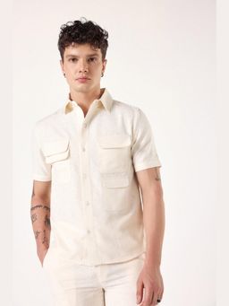 Muvazo - Beige Linen Solid/Plain Collar Neck Shirt