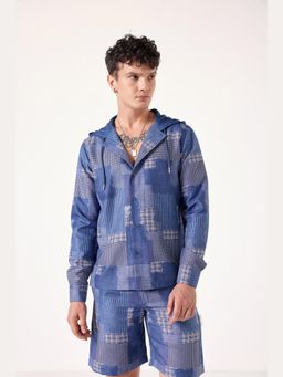 Muvazo - Blue Linen Self Design Hooded Shirt