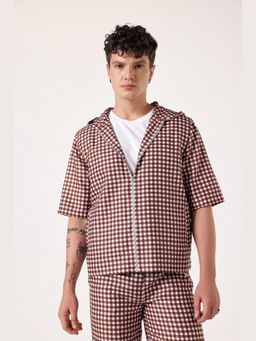 Muvazo - Brown Linen Checks Hooded Shirt