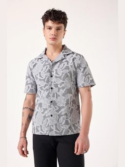 Muvazo - Black Cotton Blend Checks Notch Lapel Neck Shirt