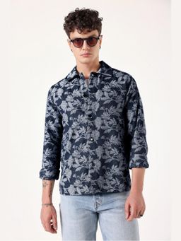 Muvazo - Blue Denim Floral Collar Neck Shirt
