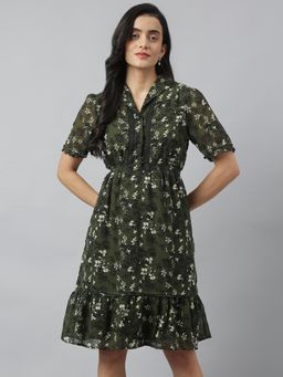 Latin Quarters - Green Floral A-Line Knee Length Dress