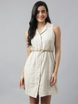Latin Quarters - Beige Embroidered A-Line Mini Dress with Belt (Set of 2)