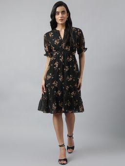 Latin Quarters - Black Floral A-Line Knee Length Dress