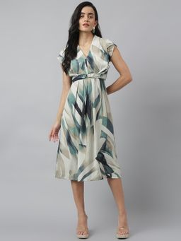 Latin Quarters - Green Printed A-Line Midi Dress