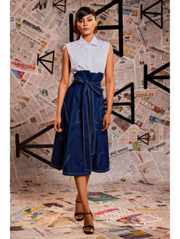 Echke - White and Blue Colorblock Dress with Belt (Set of 2)