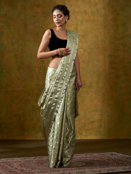 WeaverStory - Handloom Light Green Horizontal Stripes Banarasi Saree In Satin
