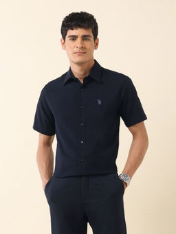 U.S. POLO ASSN. - Men Navy Blue Textured Casual Shirt