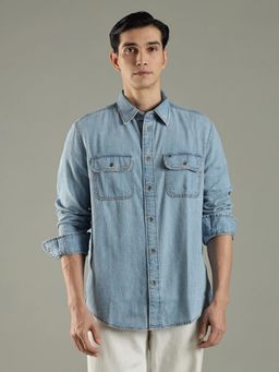 Tommy Hilfiger - Men Blue Solid Relaxed Fit Cotton Shirt