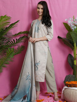 Stylee LIFESTYLE - Beige Satin Digital Printed Unstitched Dress Material (Set of 3)