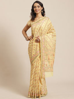 Indethnic - Banarasi Yellow Woven Design Work Wear Saree With Unstitched Blouse