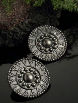 PANASH - Silver-Toned Black Oxidized Circular Stud Earrings
