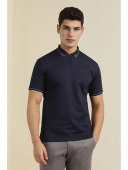 Allen Solly - Men Navy Blue Textured Polo Neck T-Shirt