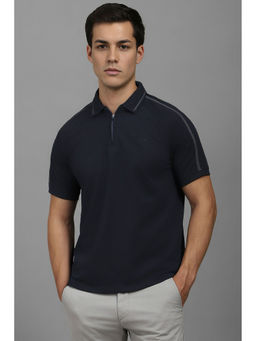 Louis Philippe - Men Navy Blue Solid Polo Neck T-Shirt