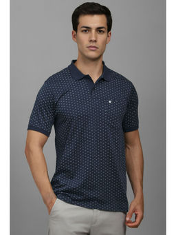 Louis Philippe - Men Navy Blue Print Polo Neck T-Shirt