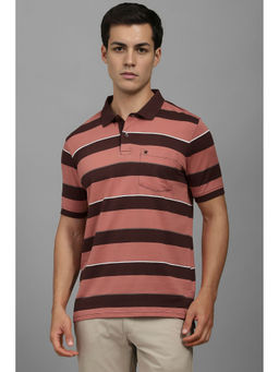 Louis Philippe - Men Peach Stripes Polo Neck T-Shirt