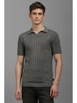 Louis Philippe - Men Grey Self Design Polo Neck T-Shirt