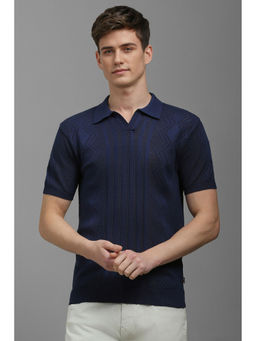 Louis Philippe - Men Navy Blue Self Design Polo Neck T-Shirt