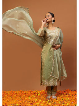 House of Chikankari - Green Kurta with Pant and Dupatta