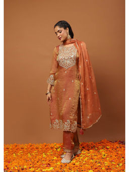 House of Chikankari - Rust Kurta with Pant and Dupatta
