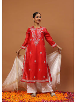 House of Chikankari - Red Chikankari Kurta with Inner, Pant and Dupatta