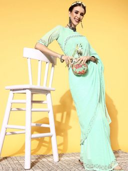 Odette - Georgette Sea Green Embellished Designer Saree with Unstitched Blouse