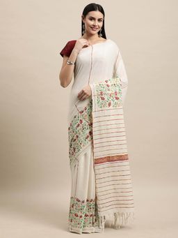 ArtEastri - Cotton Handloom Khesh Kantha Saree with Unstitched Blouse Piece-Off White