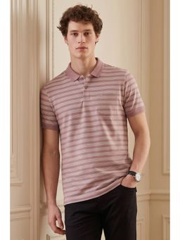 Peter England - Men Mauve Stripe Polo Neck T-Shirt