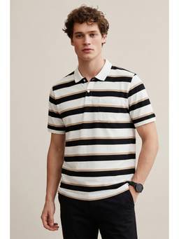 Peter England - Men White Stripe Polo Neck T-Shirt