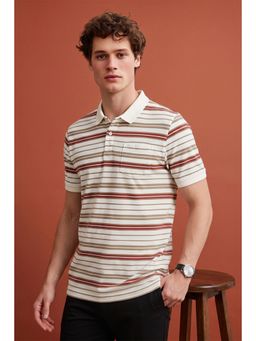 Peter England - Men White Stripe Polo Neck T-Shirt