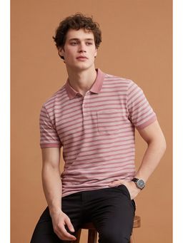 Peter England - Men Mauve Stripe Polo Neck T-Shirt