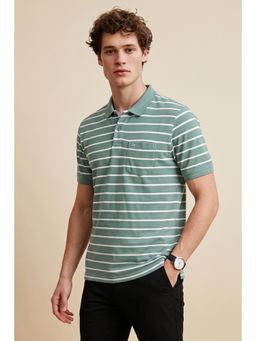 Peter England - Men Green Stripe Polo Neck T-Shirt
