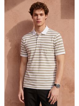Peter England - Men Beige Stripe Polo Neck T-Shirt