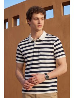Peter England - Men White Stripe Polo Neck T-Shirt