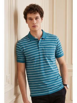 Peter England - Men Blue Stripe Polo Neck T-Shirt