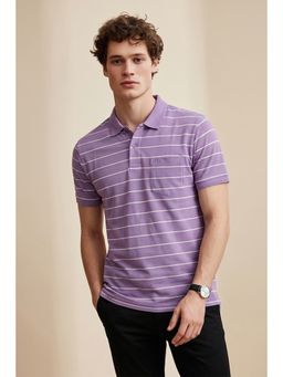 Peter England - Men Purple Stripe Polo Neck T-Shirt