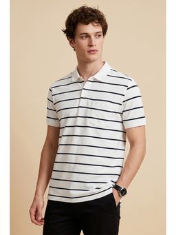 Peter England - Men White Stripe Polo Neck T-Shirt