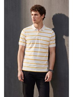Peter England - Men White Stripe Polo Neck T-Shirt