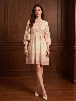 ZUMMER - Cream Printed Muslin Flared Dress