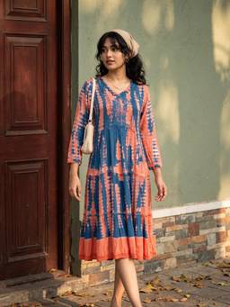 ZUMMER - Blue Tie & Dye Viscose Rayon Flared Dress
