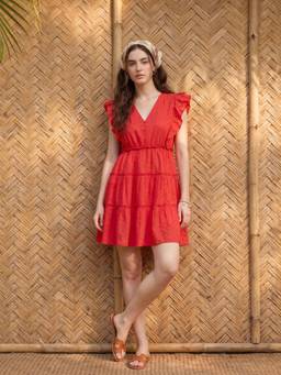 ZUMMER - Red Self Design Cotton A-Line Dress