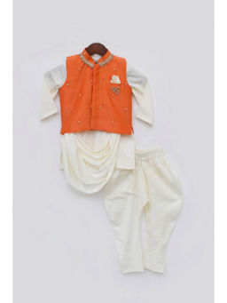 Fayon Kids - Off White Silk Cowl Kurta and Chudidar with Orange Jacket (Set of 3)
