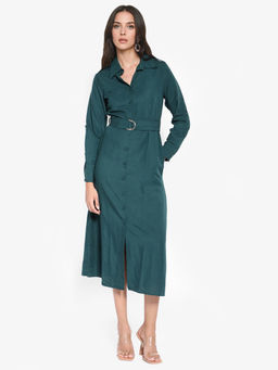 RAREISM - Women Gellem Solid Green Midi Dress with Belt (Set of 2)