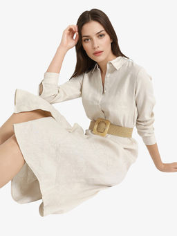 RAREISM - Women Peruviano Solid Beige Midi Dress with Belt (Set of 2)