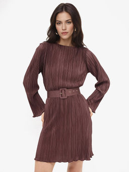 RAREISM - Women Averna Pleated Burgundy Mini Dress with Belt (Set of 2)
