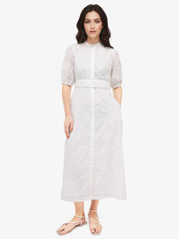 RAREISM - Womens Caledon Primary White Embroidered A-Line Midi Dress with Belt (Set of 2)