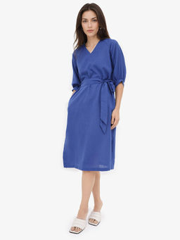 RAREISM - Womens Elarat Dark Blue A-Line Midi Dress with Belt (Set of 2)